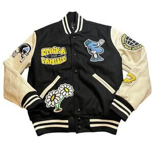 Ethika Black Genuine Leather Wool Varsity Jacket Letterman Graphic‎ Unisex Small